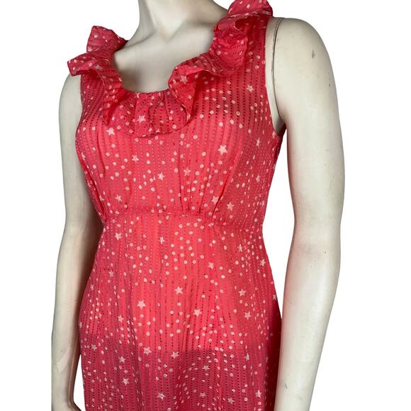 Marc Jacobs Dress 2 sheer Peach coral star striped sundress ruffled fit flare - Picture 2 of 8